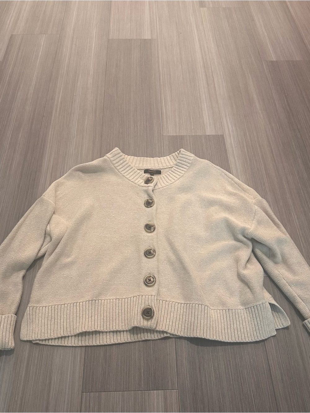 Quince Cream Ribbed-Neck Button Cardigan